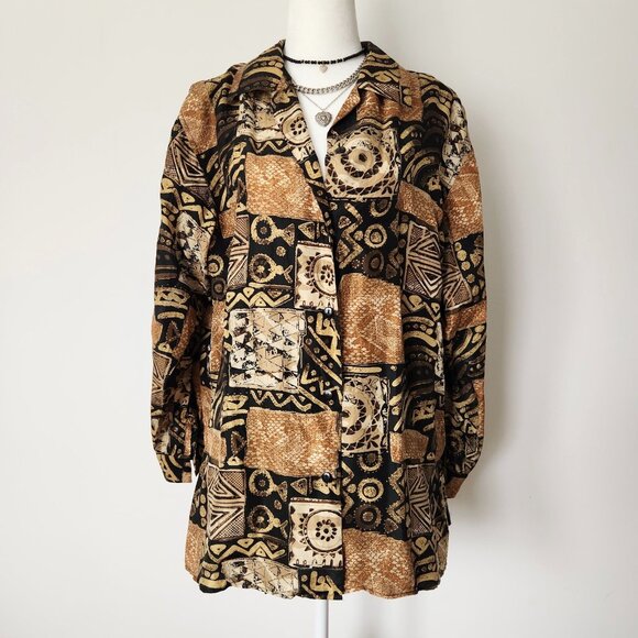 Vintage Tops - Vintage Gold Silk Blouse Medium Tribal Print Funky Multi Silk‎ Ncounters 80s 90s